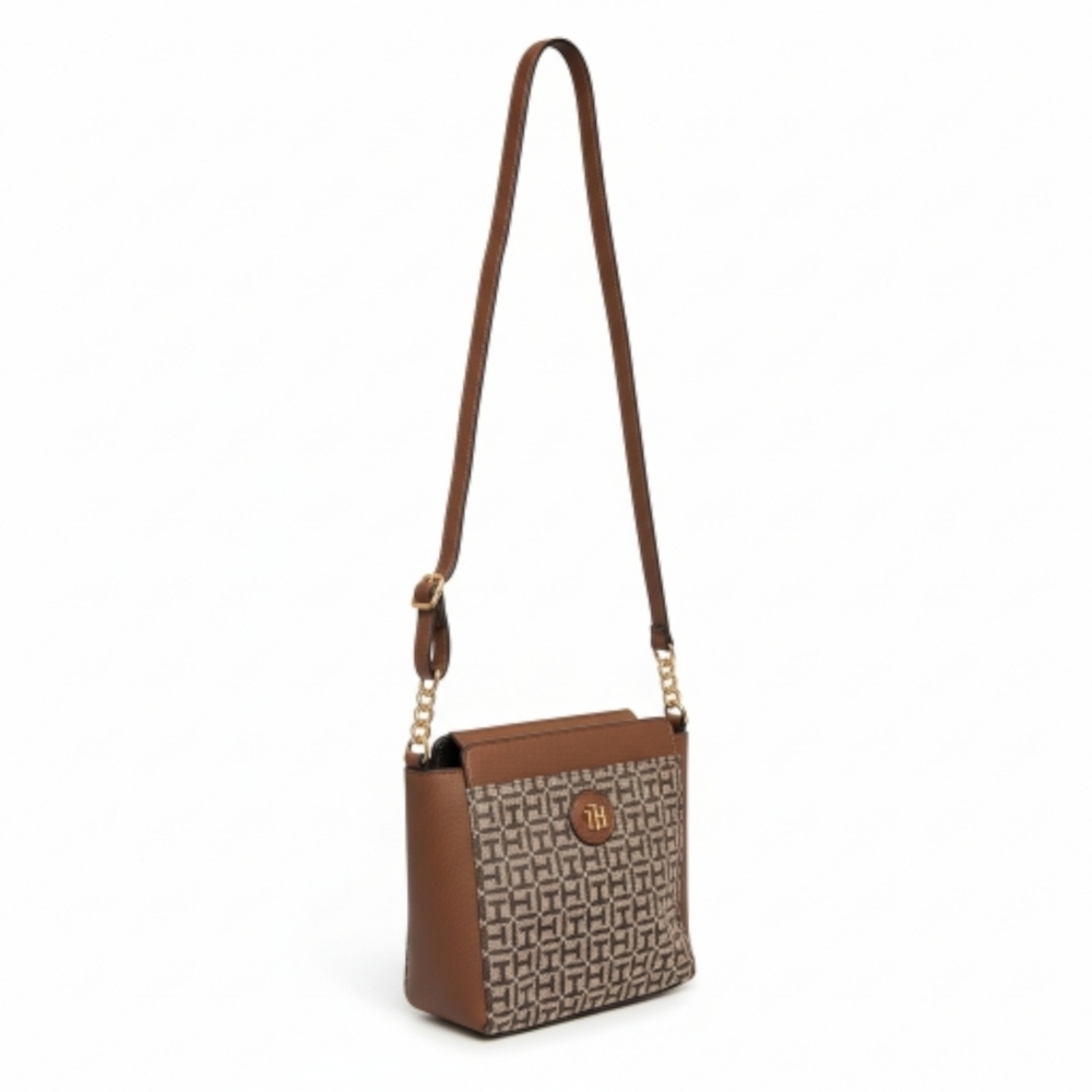 NWT Tommy Hilfiger Brown Monogram Crossbody Handbag Purse Leather